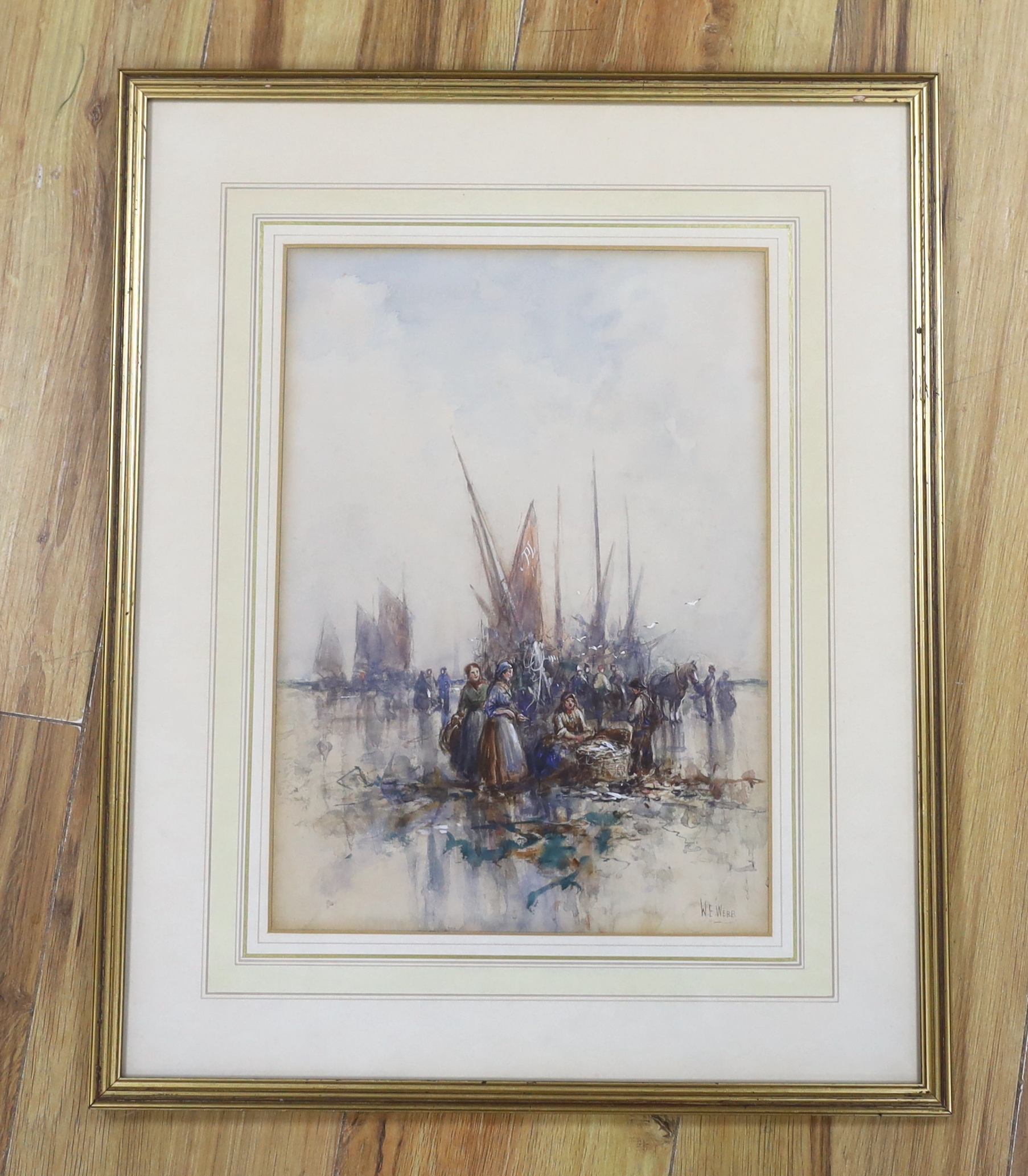 William Edward Webb (1862-1903), watercolour, Fisherwoman before boats, signed, Mackay Gallery label verso, 33 x 23cm